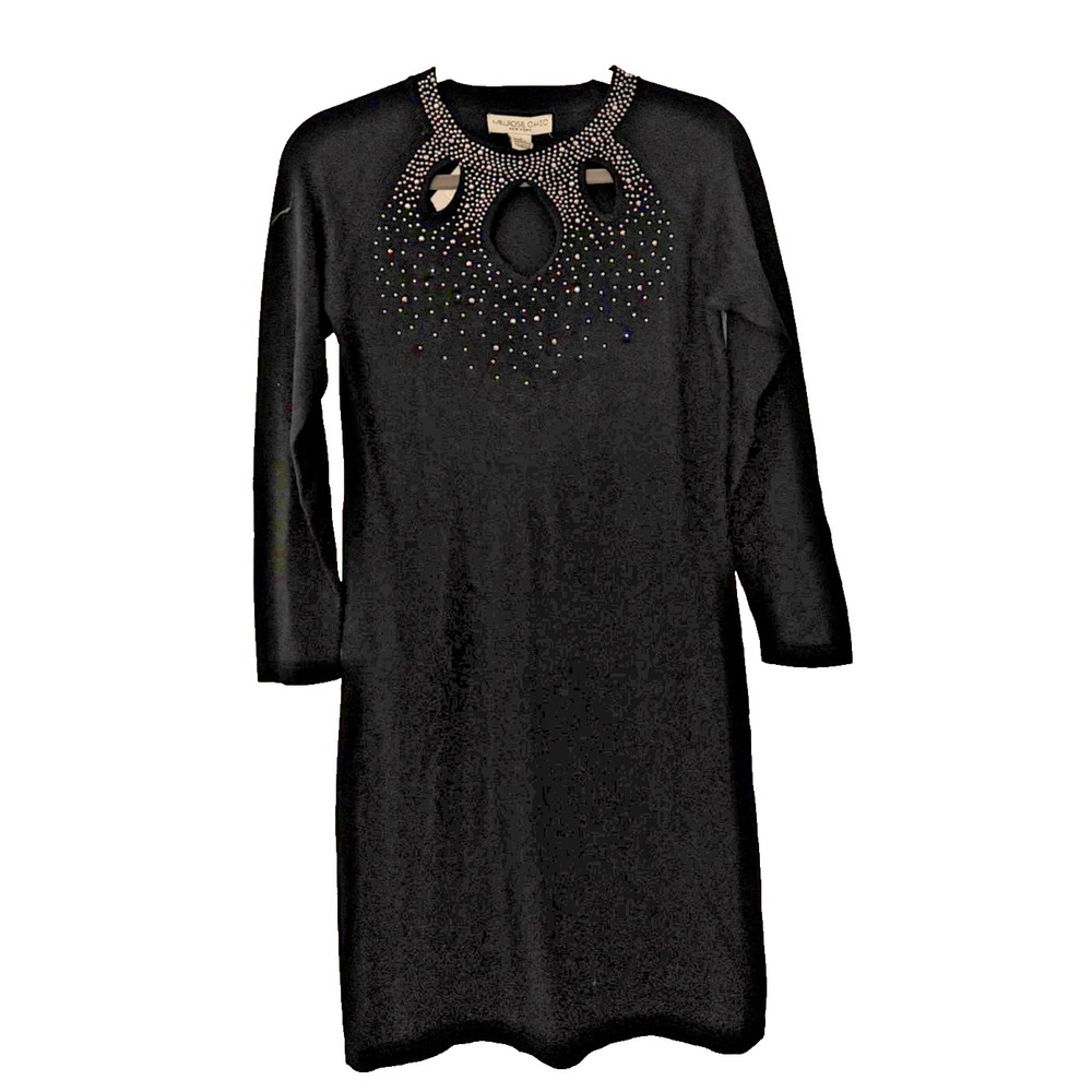 Vintage Melrose Chic Women's Small Black Knit Dress Embelished Long Sleeve